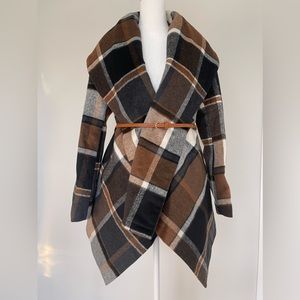 Chicwish Brown Black Gray Plaid Wrap Coat